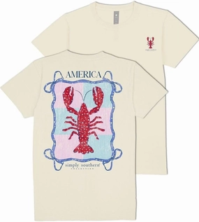 Simply Southern, America Patriotic Lobster Design, Red White Blue, Cream, Women's T-Shirt