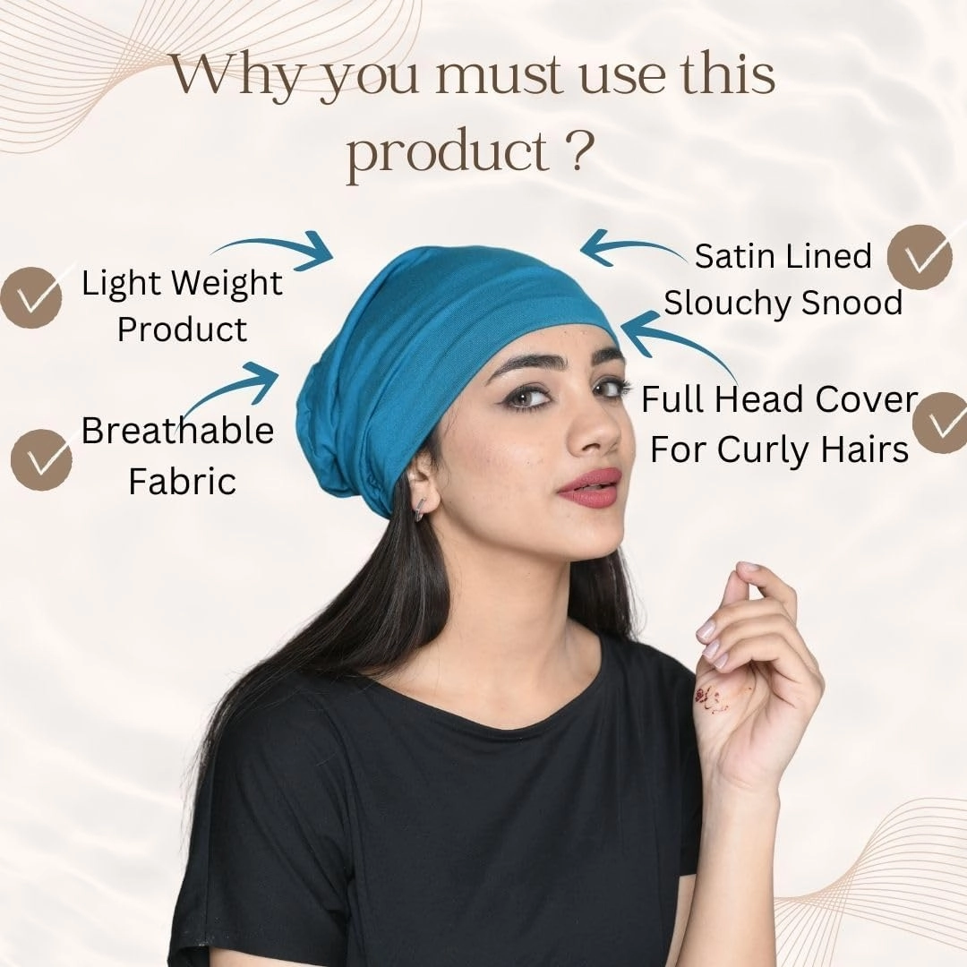 Slouchy Satin Lined Women Bamboo Beanie Headwear for Curly and Frizzy Hair