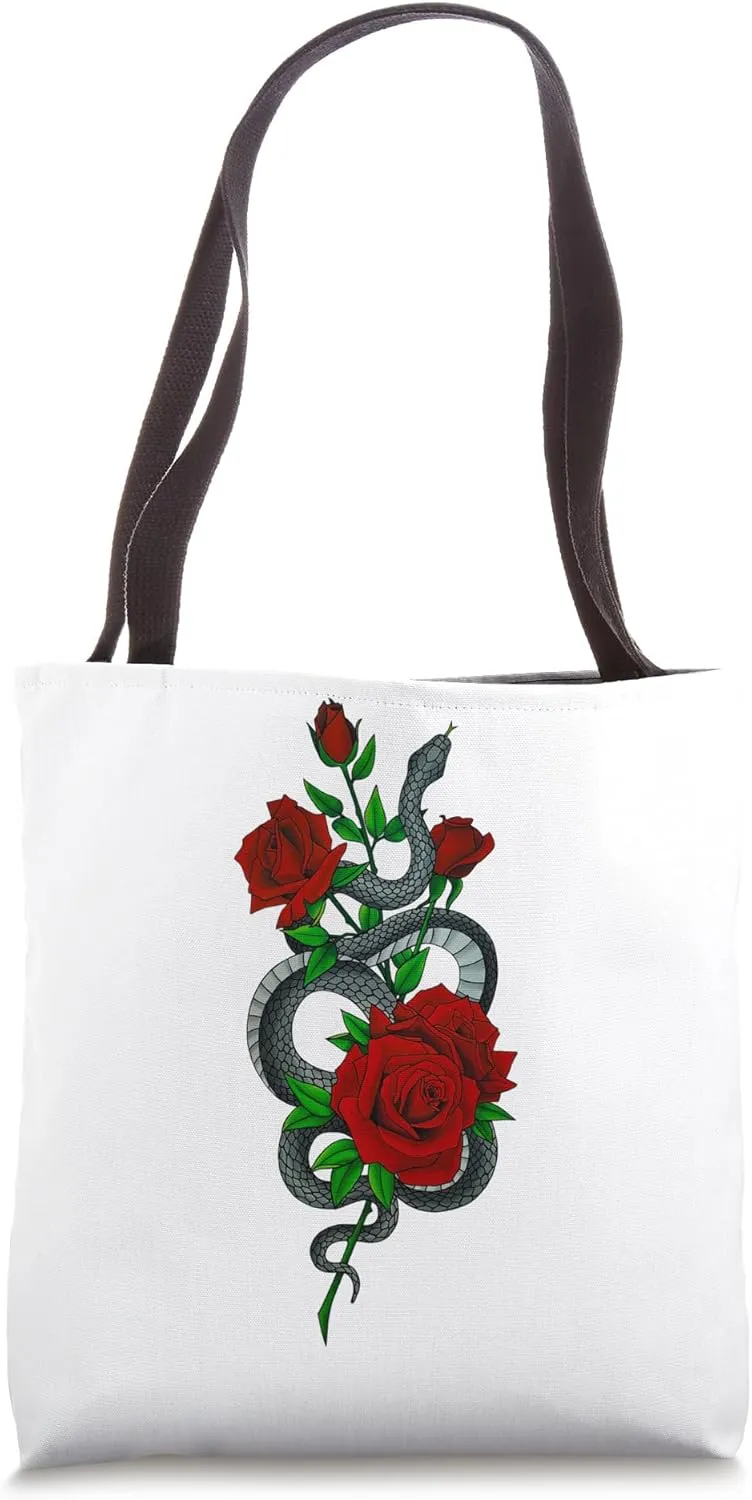 Snake Art Red Roses Gothic Vintage Style Serpent Rosas Retro Tote Bag