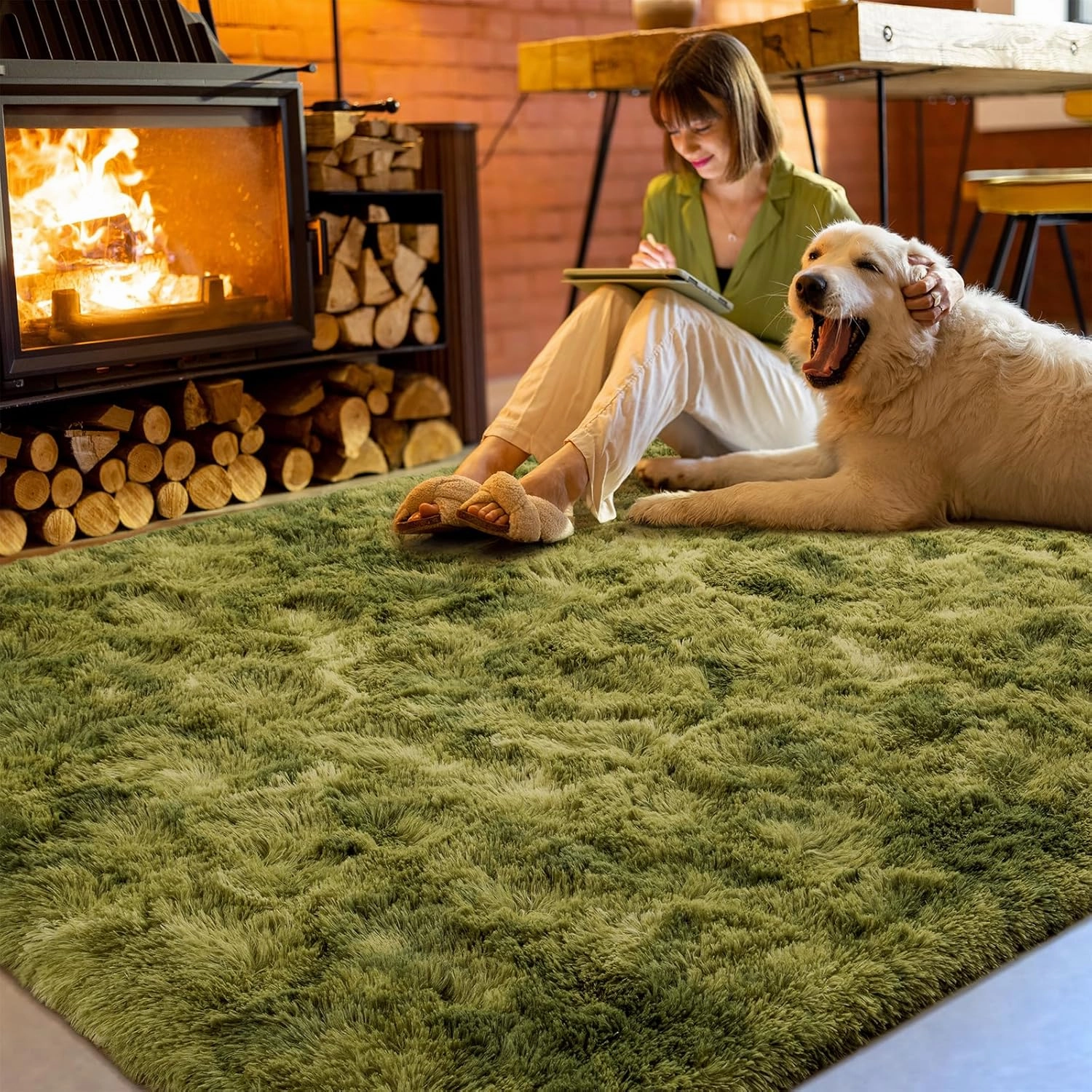 Softlife Area Rug for Living Room, Fluffy Shag Plush 6x9 Green Rugs for Bedroom Girls Kids, Shaggy Soft Fuzzy Tie Dyed Large Carpet for Floor Bedside Ultra Cozy Non-Slip Indoor Decor