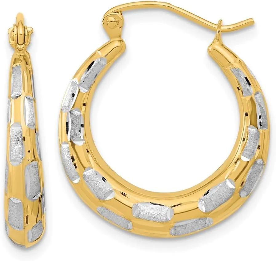 Solid Real 14k Gold and, Diamond-Cut Hoop Brushed Matte Finish Earrings - 22mm x 20mm
