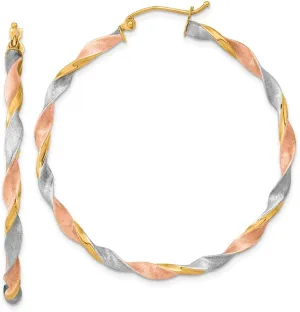 Solid Real 14k White and Yellow Gold Two Toned White and Rose Twisted Hoop Brushed Matte Finish Earrings - 50mm x 3mm