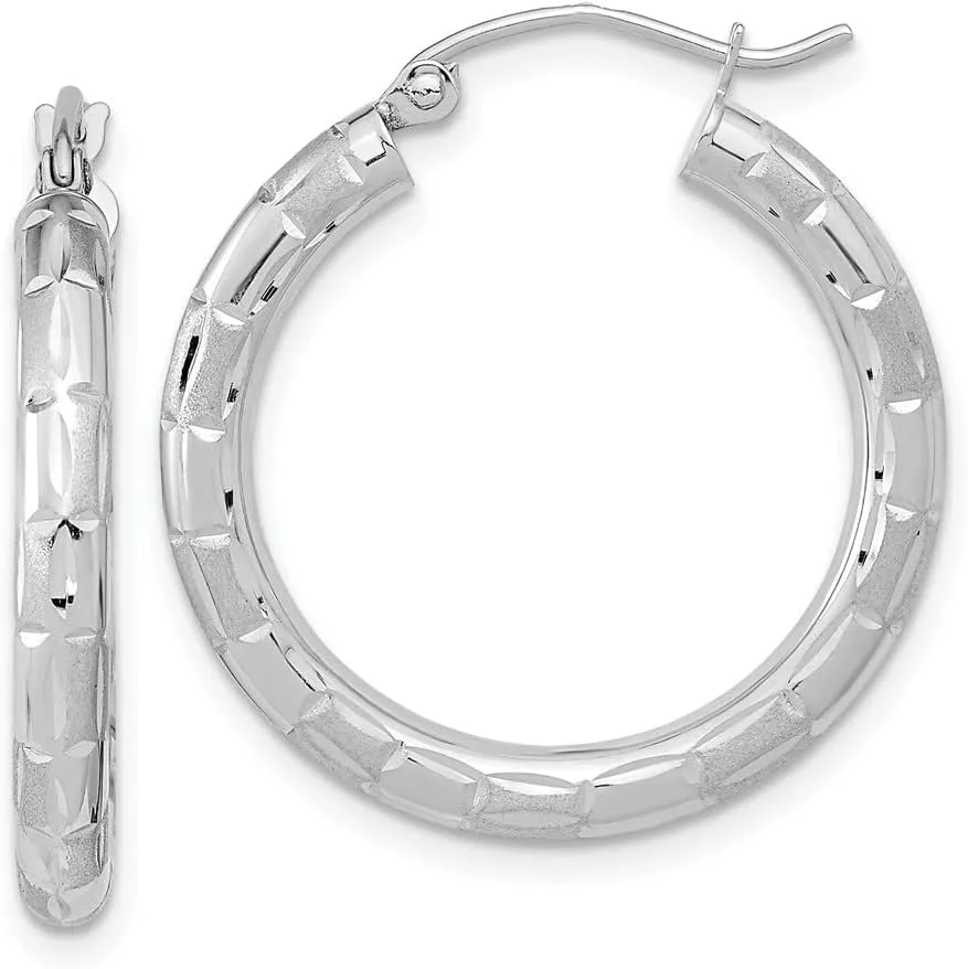 Solid Real 14k White Gold, Diamond-Cut Hoop Brushed Matte Finish Earrings - 26mm x 24mm