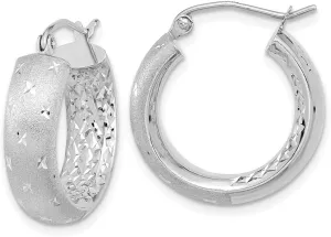 Solid Real 14k White Gold, Diamond-Cut Inside Out Hoop Brushed Matte Finish Earrings - 20mm x 19mm