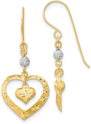 Solid Real 14k Yellow and White Gold Two Tone Diamond-Cut Heart Dangle Shepherd Hook Brushed Matte Finish Earrings - 36mm x 14mm
