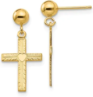 Solid Real 14k Yellow Gold Cross Dangle Brushed Matte Finish Earrings - 21mm x 10mm