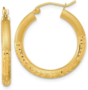 Solid Real 14k Yellow Gold, Diamond-Cut Hoop Brushed Matte Finish Earrings - 26mm x 24mm