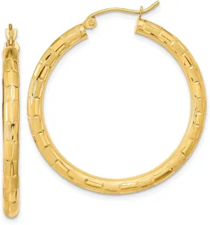 Solid Real 14k Yellow Gold, Diamond-Cut Hoop Brushed Matte Finish Earrings - 37mm x 34mm