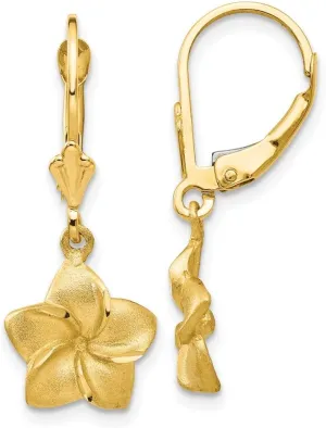 Solid Real 14k Yellow Gold Diamond-Cut Plumeria Dangle Leverback Brushed Matte Finish Earrings - 29mm x 11mm
