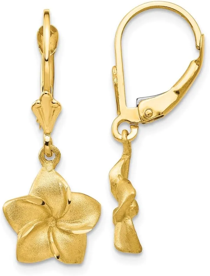 Solid Real 14k Yellow Gold Diamond-Cut Plumeria Dangle Leverback Brushed Matte Finish Earrings - 29mm x 11mm