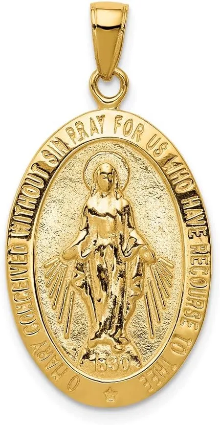Solid Real 14k Yellow Gold Finish Miraculous Mary Medal Brushed Matte Finish Pendant Charm