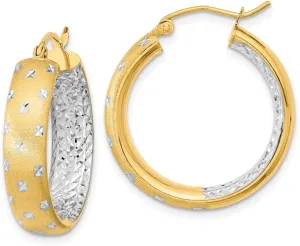 Solid Real 14k Yellow Gold Two Toned, Diamond-Cut Inside Out Hoop Brushed Matte Finish Earrings - 26mm x 23mm