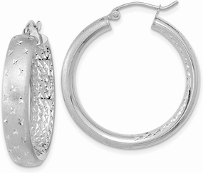 Solid Real 14k White Gold, Diamond-Cut Inside Out Hoop Brushed Matte Finish Earrings - 31mm x 29mm