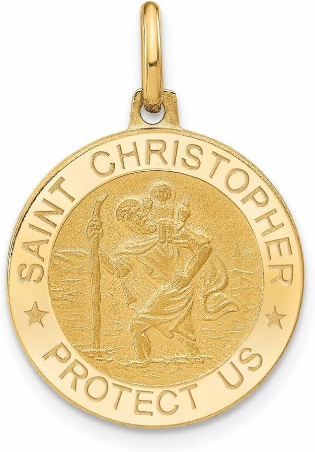 Solid Real 14k Yellow Gold Round Catholic Patron Saint Christopher Brushed Matte Finish Pendant Charm - 27mm x 18mm