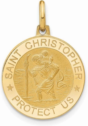 Solid Real 14k Yellow Gold Round Catholic Patron Saint Christopher Brushed Matte Finish Pendant Charm - 27mm x 18mm