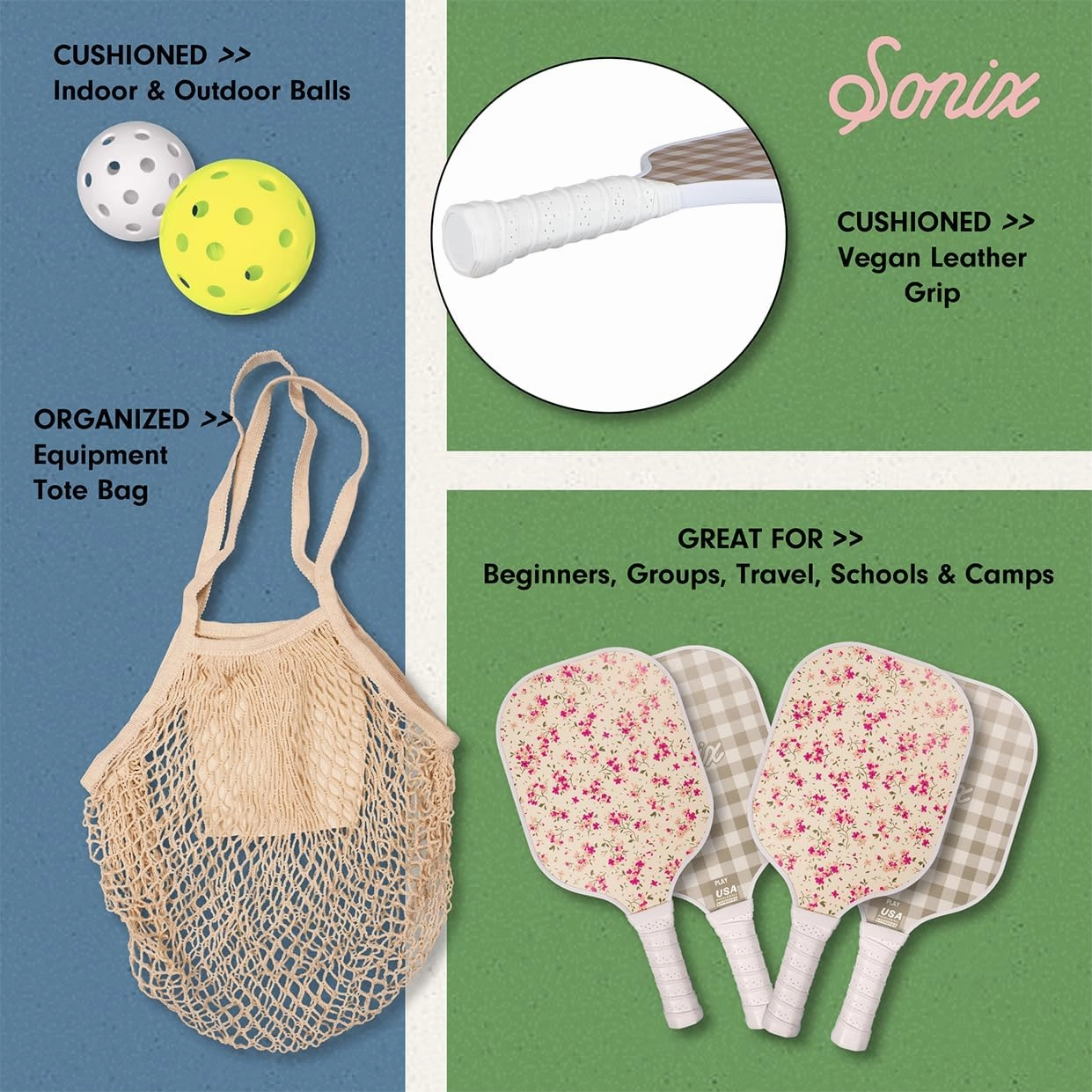 Sonix | Pickleball Paddles Set of 4 | USAPA Approved | Fiberglass Surface Pickleball Set with 4 Paddles, 2 Balls, & Bag