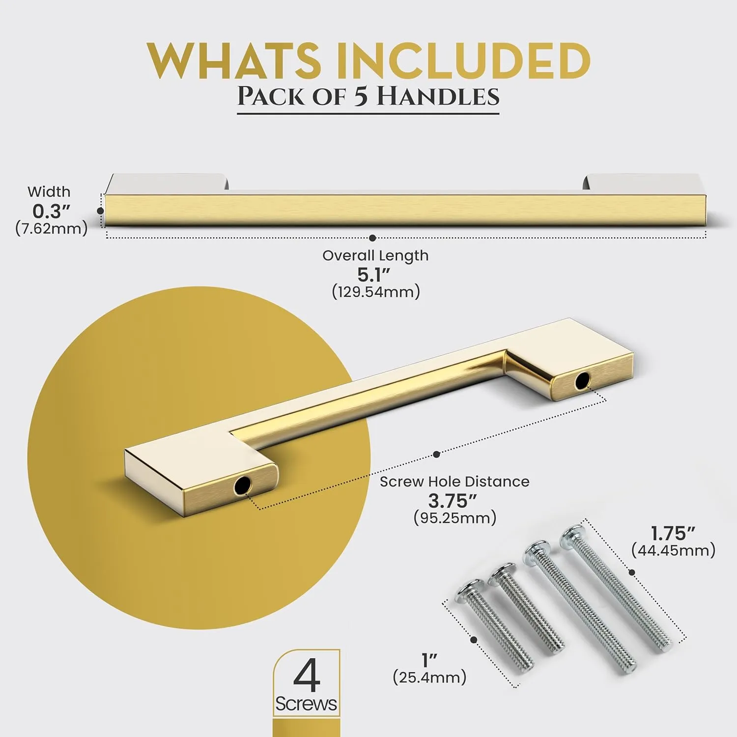 Southern Hills 5 Pack Gold Cabinet Pulls - 96mm Brushed Gold Drawer Pulls for Drawers & Cupboards