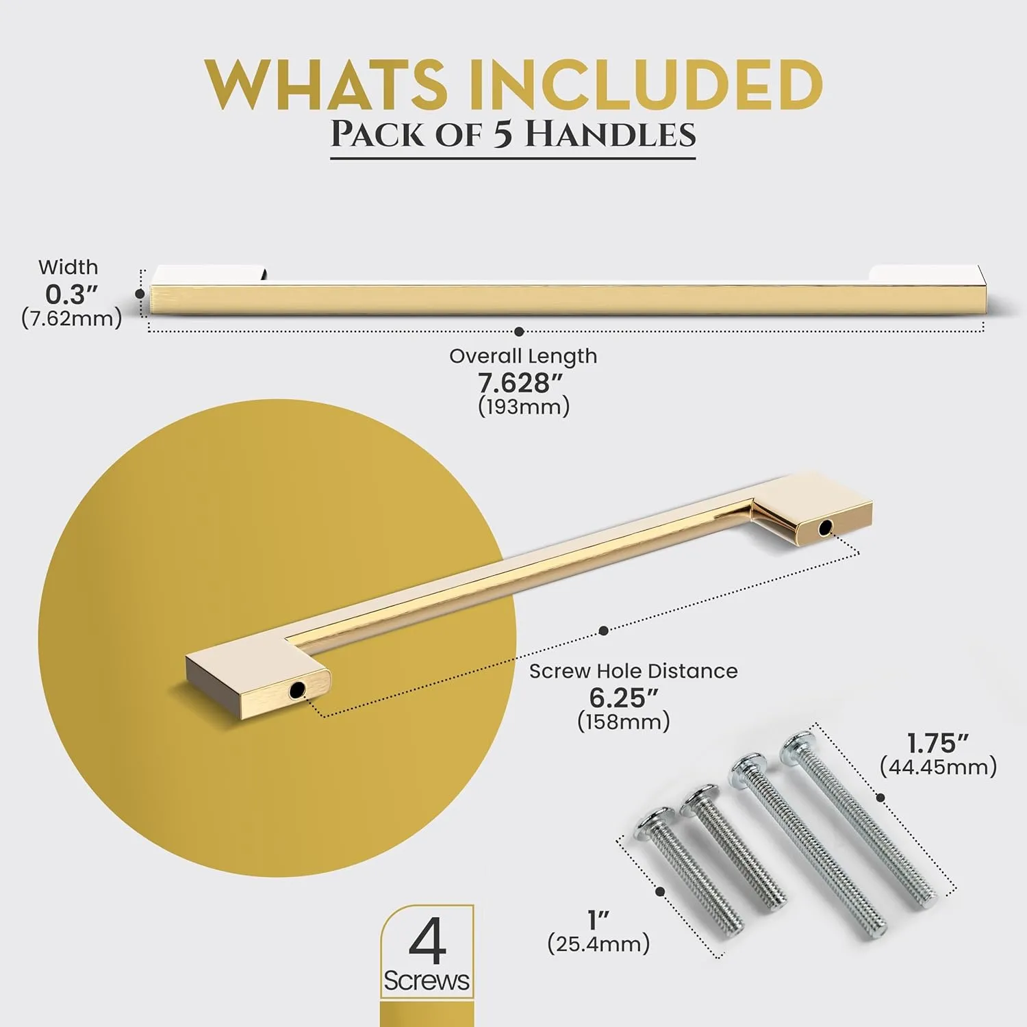 Southern Hills 5pc Brushed Gold Cabinet Pulls, 6.25"(160mm) Screw Spacing - Handles for Cabinets, Champagne Drawer, Dresser Brass Kitchen Hardware