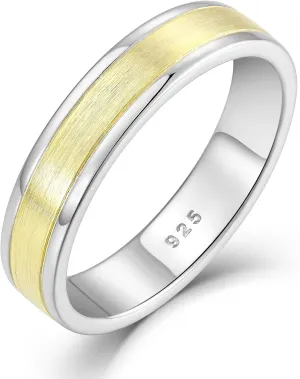 STARCHENIE Solid 925 Sterling Silver & Gold Ring for Men & Women 5mm Wedding Band Brushed Matte Finish Beveled Polished Edge Comfort Fit