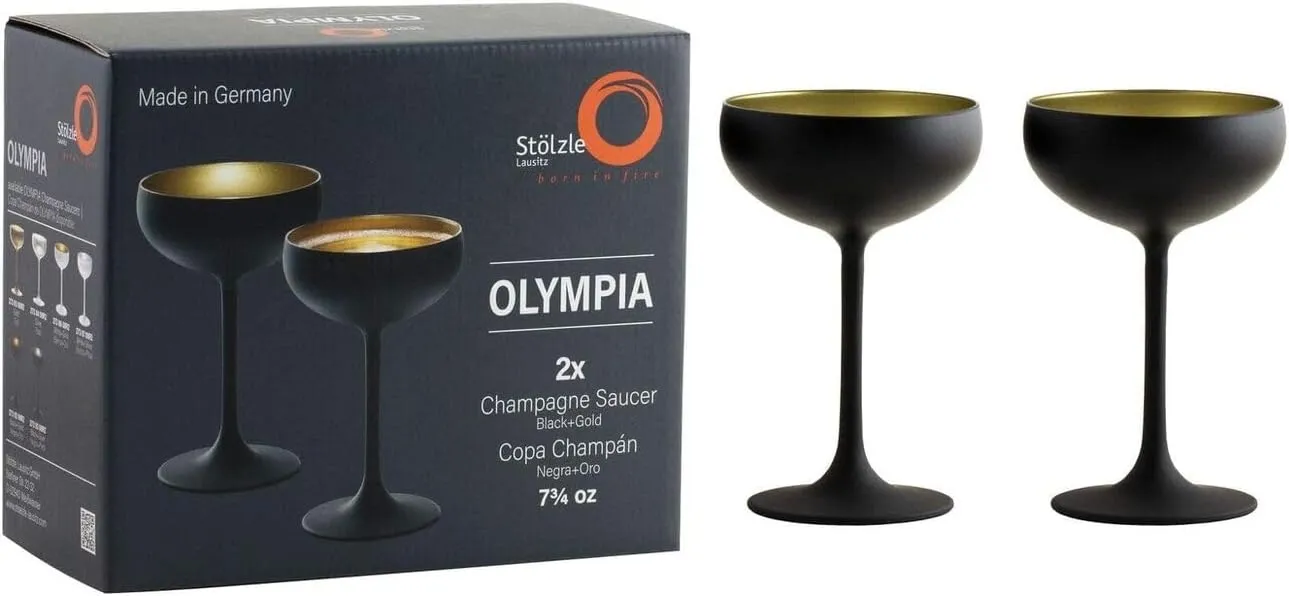 Stölzle Lausitz Olympia Champagne Coupe Glasses, 7.75 Oz (Set of 2) - Elegant Drinkware Set - Lead-Free Crystal Glasses - Ideal for Celebrating Special Moments, Dishwasher Safe (Black/Gold)