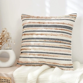Striped Woven Braids Boho Throw Pillow Covers for Couch Bed Sofa,100% Cotton,Boho Modern Cozy Rustic Decor, Adding Eclectic Character,Beige Cream Accent Pillows 18 x 18 inch