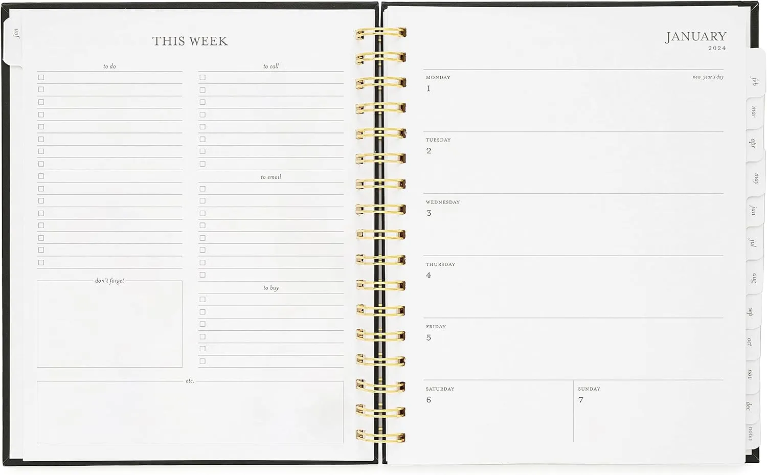 Sugar Paper Signature Spiral Planner, Black, 2024, Monthly Daily Weekly Layouts, January to December 2024, 7.5" x 9.25" (Black)