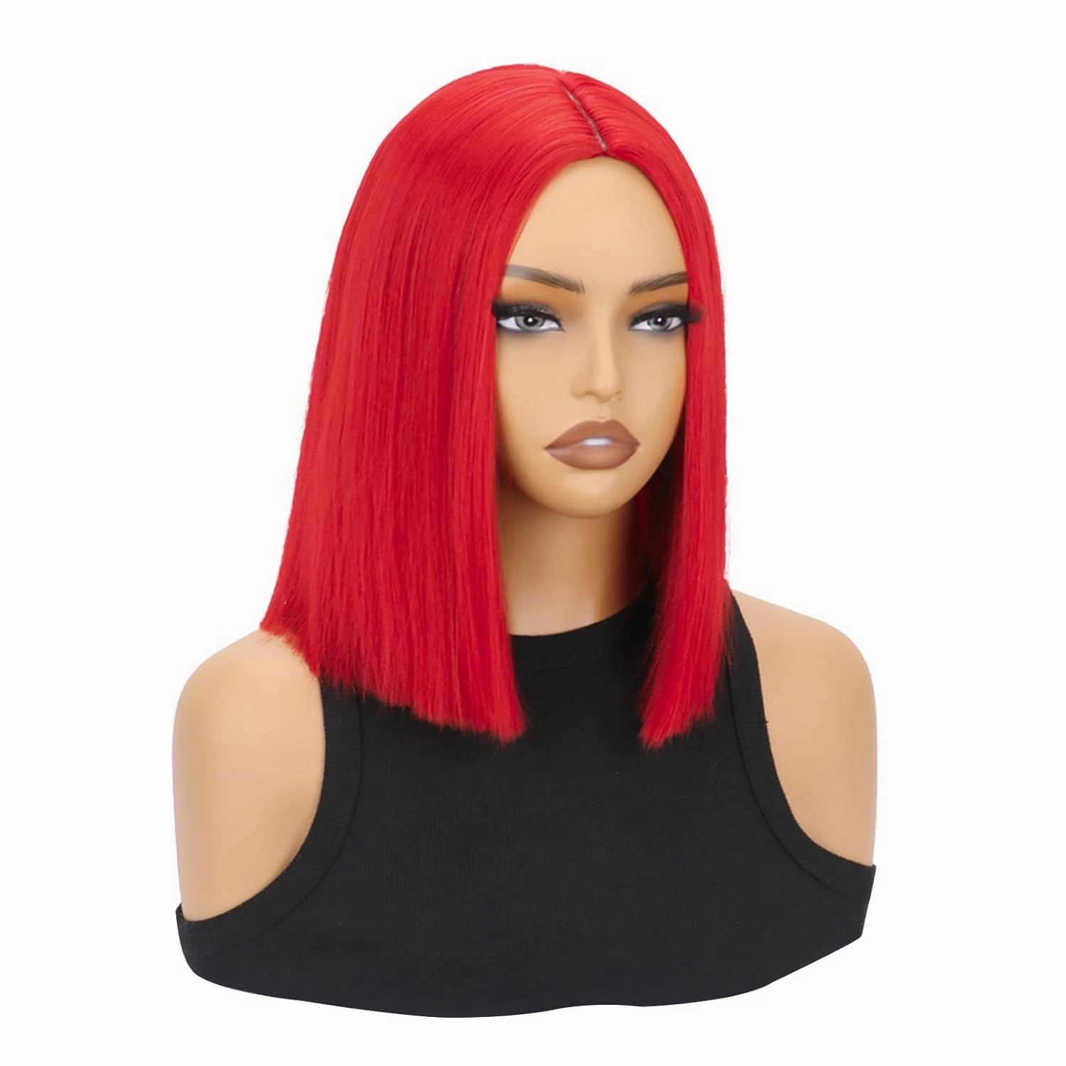 SUKRI Red Bob 12 Inch Short Straight Bob Wig for Women Shoulder Length Middle Part Synthetic Wig Heat Resistant for Costume Cosplay Halloween Party