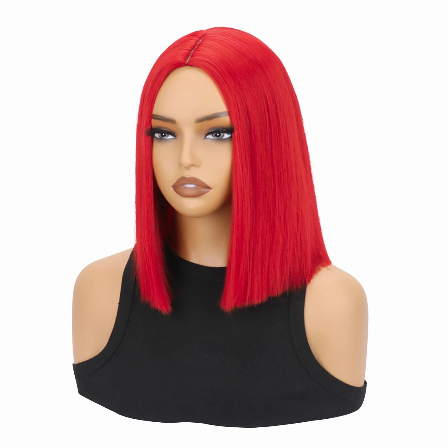 SUKRI Red Bob 12 Inch Short Straight Bob Wig for Women Shoulder Length Middle Part Synthetic Wig Heat Resistant for Costume Cosplay Halloween Party
