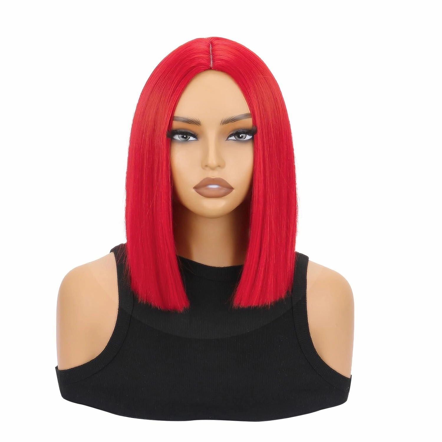 SUKRI Red Bob 12 Inch Short Straight Bob Wig for Women Shoulder Length Middle Part Synthetic Wig Heat Resistant for Costume Cosplay Halloween Party