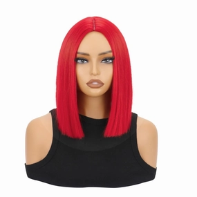 SUKRI Red Bob 12 Inch Short Straight Bob Wig for Women Shoulder Length Middle Part Synthetic Wig Heat Resistant for Costume Cosplay Halloween Party