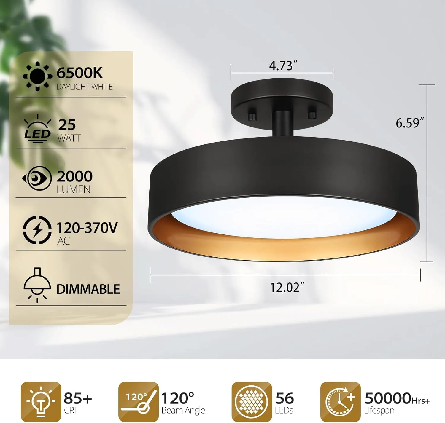 SunRider Industrial Semi Flush Mount Ceiling Light Fixture, 12 Inch 25W 2000LM LED Lights, 6500K Cool White, Dimmable Lamp for Hallway Bedroom Kitchen