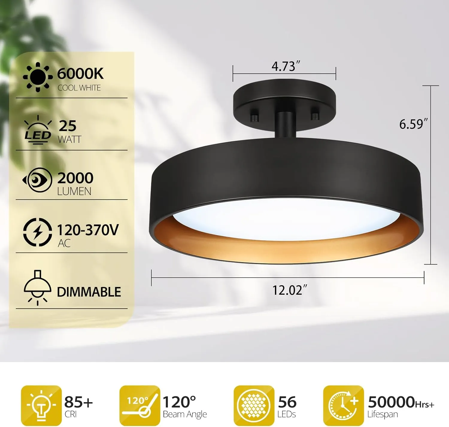 SunRider Industrial Semi Flush Mount LED Ceiling Light Fixture, 12 Inch 25W 2000LM Black Metal Bedroom Lamp, Golden Inside, 6000K Cool White, Dimmable