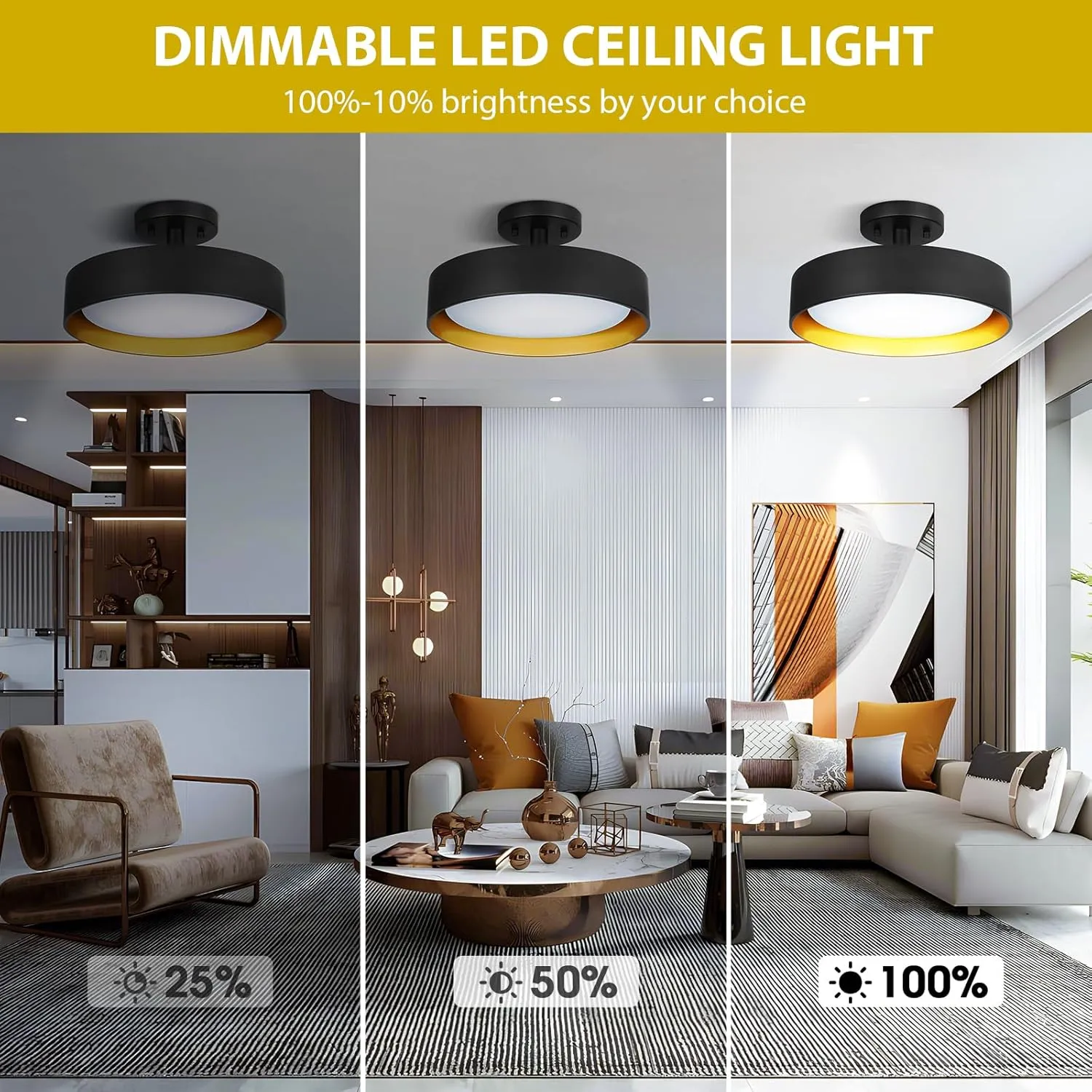 SunRider Industrial Semi Flush Mount LED Ceiling Light Fixture, 12 Inch 25W 2000LM Black Metal Bedroom Lamp, Golden Inside, 6000K Cool White, Dimmable