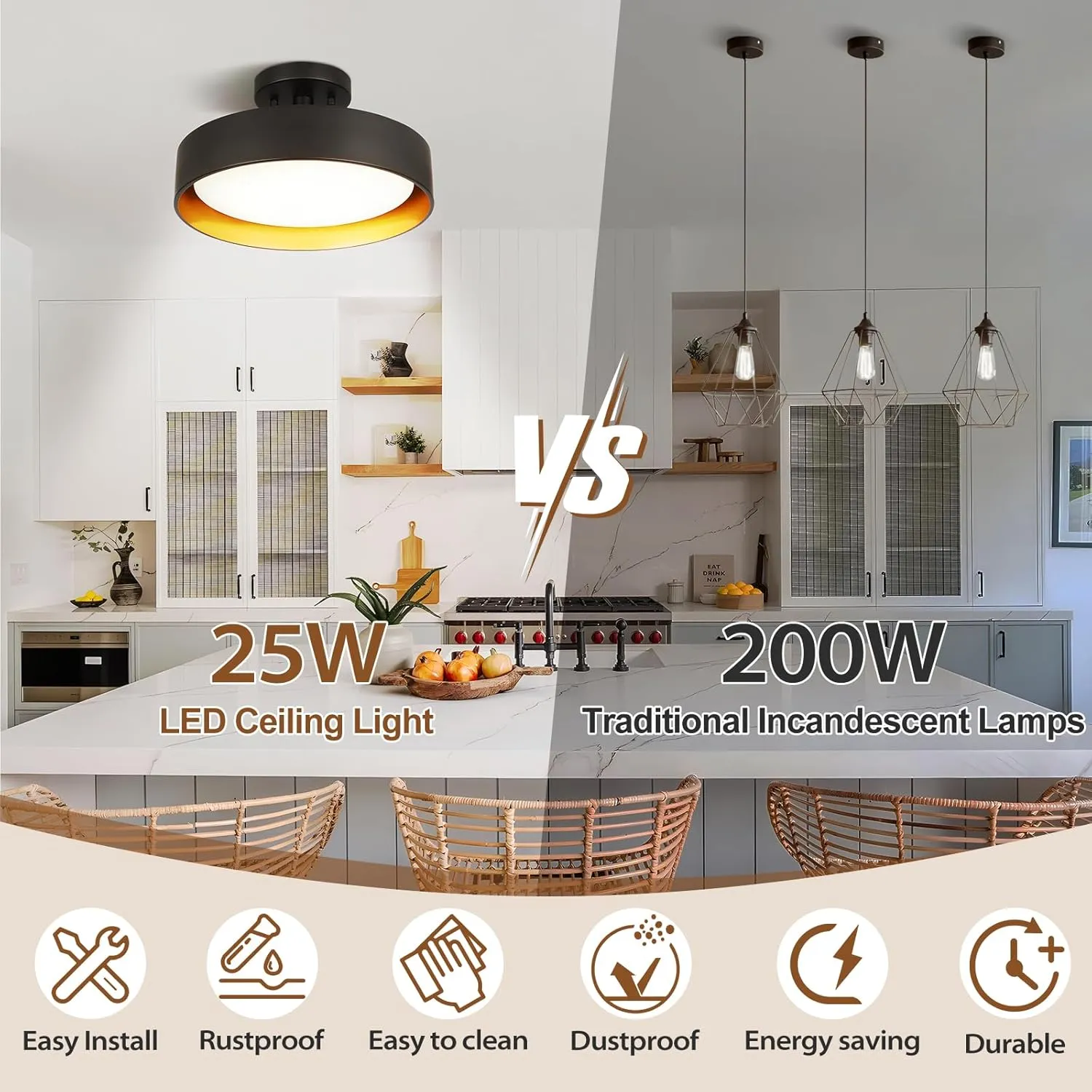 SunRider Semi Flush Mount Ceiling Lights, 12 Inch 25W LED Ceiling Light Fixture Black for Hallway Kitchen, Gold Inside, 5000K Daylight White, Dimmable