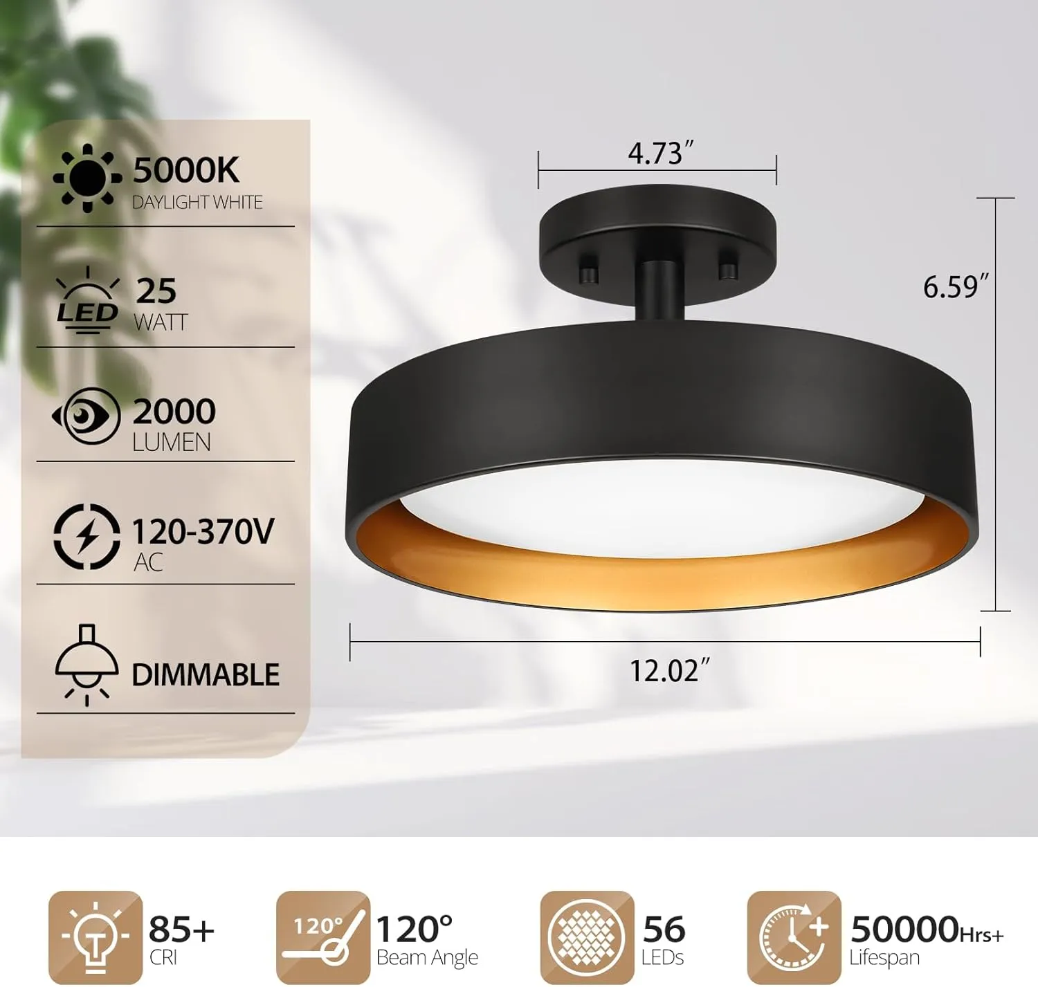 SunRider Semi Flush Mount Ceiling Lights, 12 Inch 25W LED Ceiling Light Fixture Black for Hallway Kitchen, Gold Inside, 5000K Daylight White, Dimmable