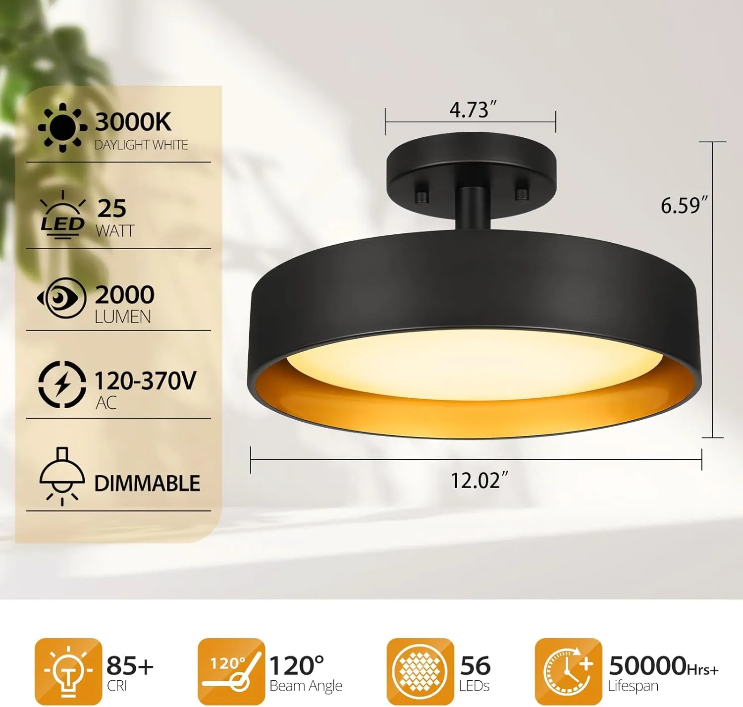 SunRider Semi Flush Mount LED Ceiling Light Fixture, 12-inch 25W 2000LM Black Pendant Lamp for Entrance Attic, Gold Inside, 3000K Warm White, Dimmable
