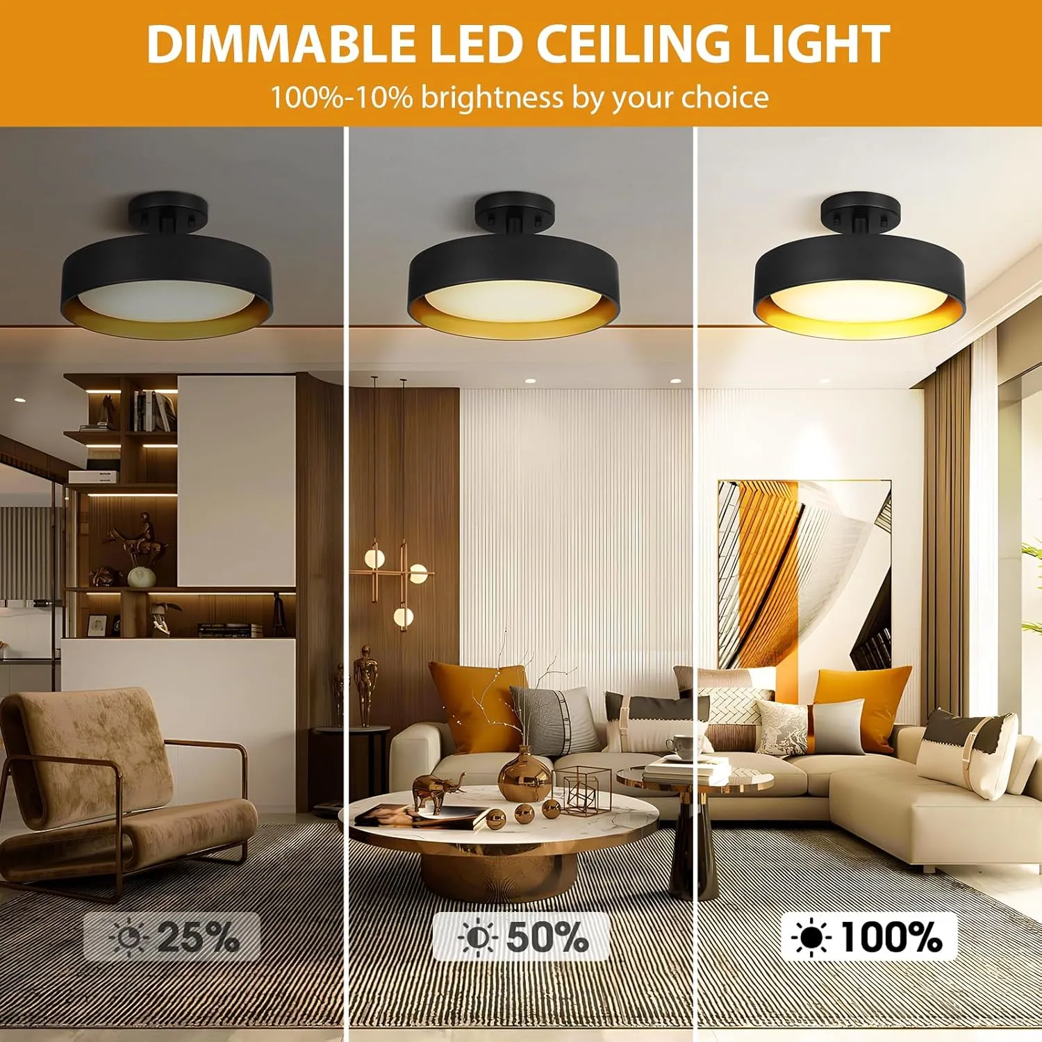 SunRider Semi Flush Mount LED Ceiling Light Fixture, 12-inch 25W 2000LM Black Pendant Lamp for Entrance Attic, Gold Inside, 3000K Warm White, Dimmable