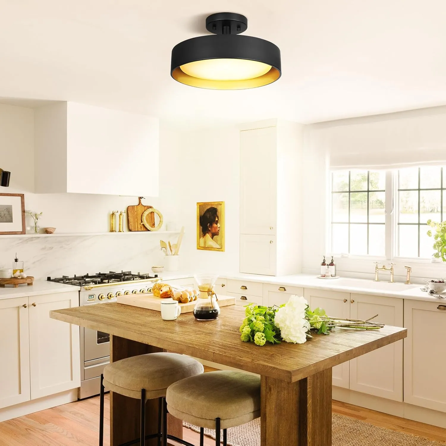 SunRider Semi Flush Mount LED Ceiling Light Fixture, 12-inch 25W 2000LM Black Pendant Lamp for Entrance Attic, Gold Inside, 3000K Warm White, Dimmable