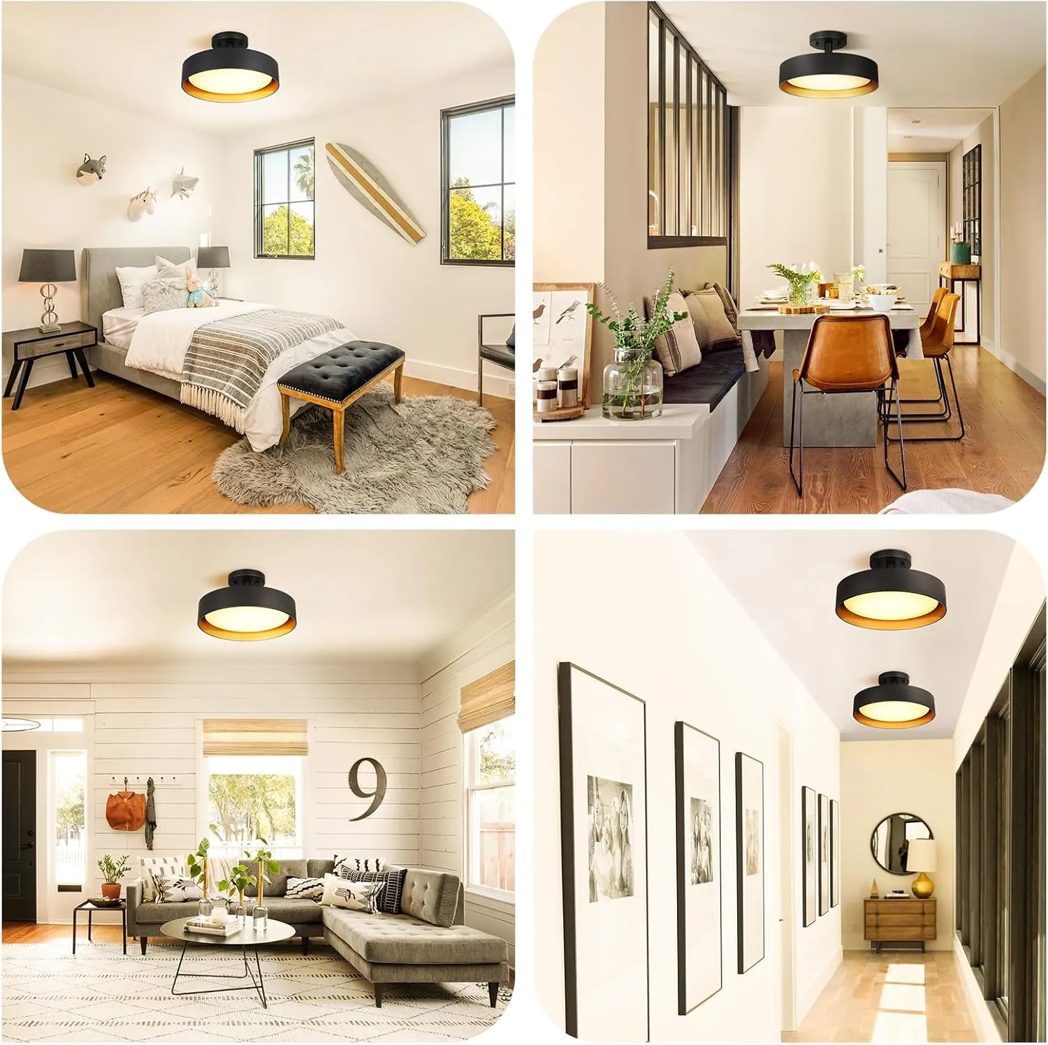 SunRider Semi Flush Mount LED Ceiling Light Fixture, 12-inch 25W 2000LM Black Pendant Lamp for Entrance Attic, Gold Inside, 3000K Warm White, Dimmable