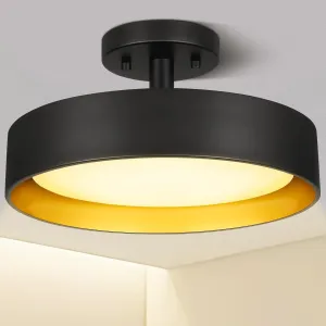 SunRider Semi Flush Mount LED Ceiling Light Fixture, 12-inch 25W 2000LM Black Pendant Lamp for Entrance Attic, Gold Inside, 3000K Warm White, Dimmable