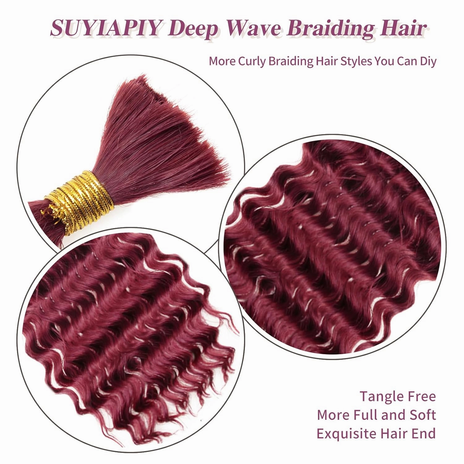 SUYIAPIY Boho Hair for Braiding Deep Wave Bulk Hair for Braiding Boho Hair for Braiding Burgundy Deep Water Wave Braiding Hair No Weft Curly Braiding Hair (Bug#, 22 inch,8packs)