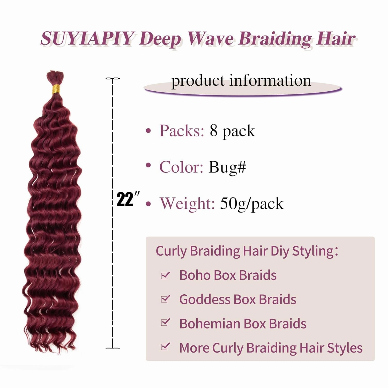 SUYIAPIY Boho Hair for Braiding Deep Wave Bulk Hair for Braiding Boho Hair for Braiding Burgundy Deep Water Wave Braiding Hair No Weft Curly Braiding Hair (Bug#, 22 inch,8packs)