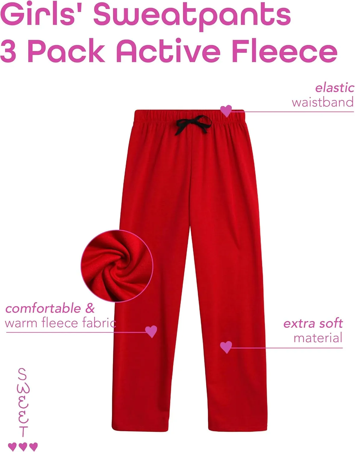 Sweet Hearts Girls' Sweatpants - 3 Pack Active Fleece Open Bottom Sweatpants - Casual Performance Pants: Made in USA