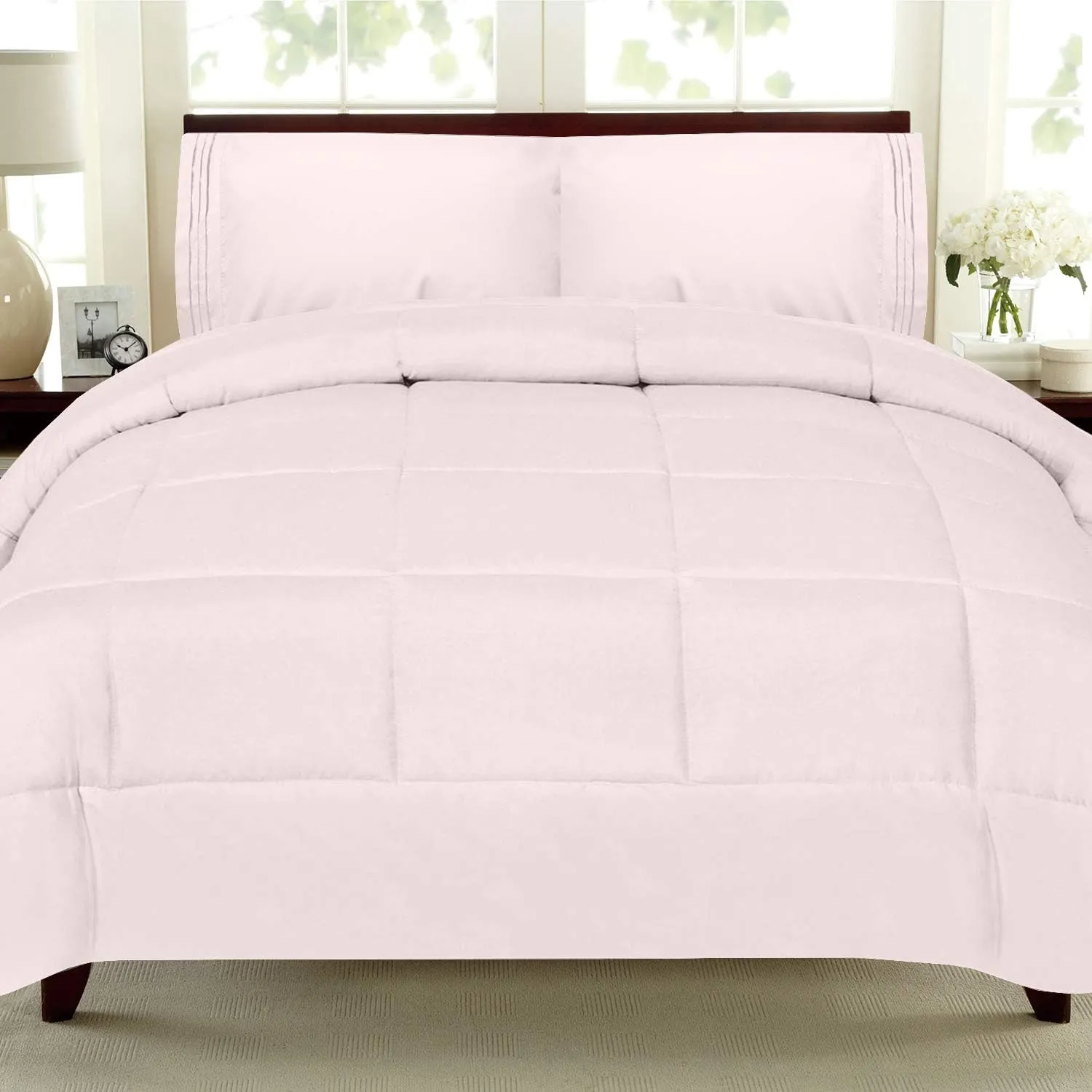 Sweet Home Collection 5 Piece Comforter Set Bag Solid Color All Season Soft Down Alternative Blanket & Luxurious Microfiber Bed Sheets, King, Pale Pink