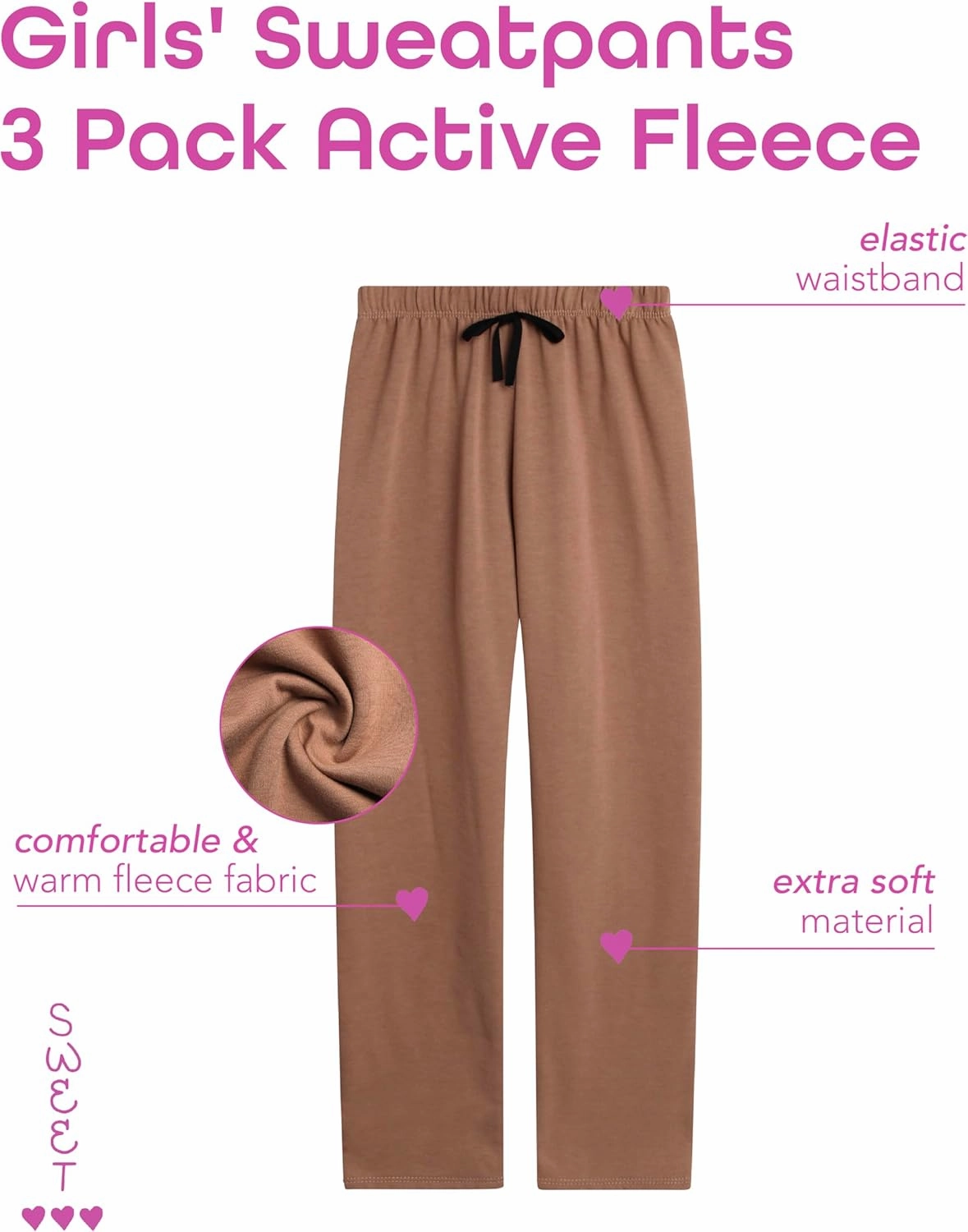Sweet Hearts Girls' Sweatpants - 3 Pack Active Fleece Open Bottom Sweatpants - Casual Performance Pants: Made in USA