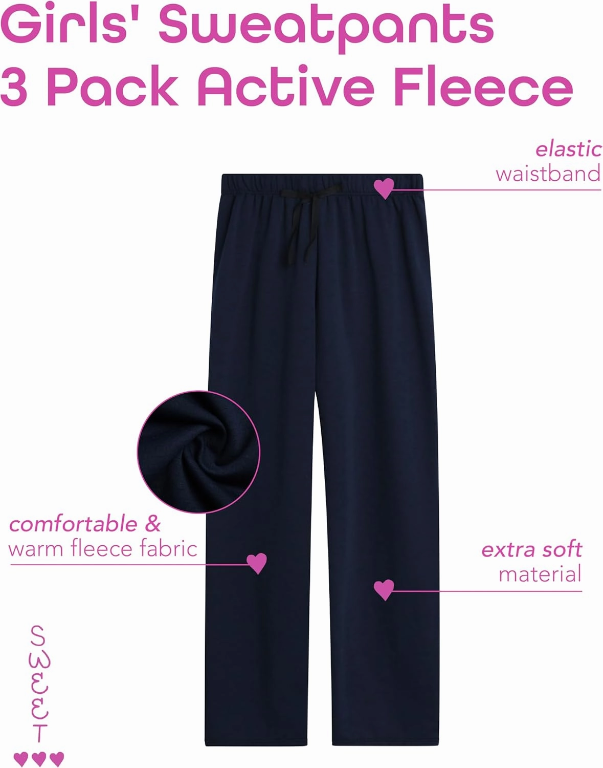 Sweet Hearts Girls' Sweatpants - 3 Pack Active Fleece Open Bottom Sweatpants - Casual Performance Pants: Made in USA