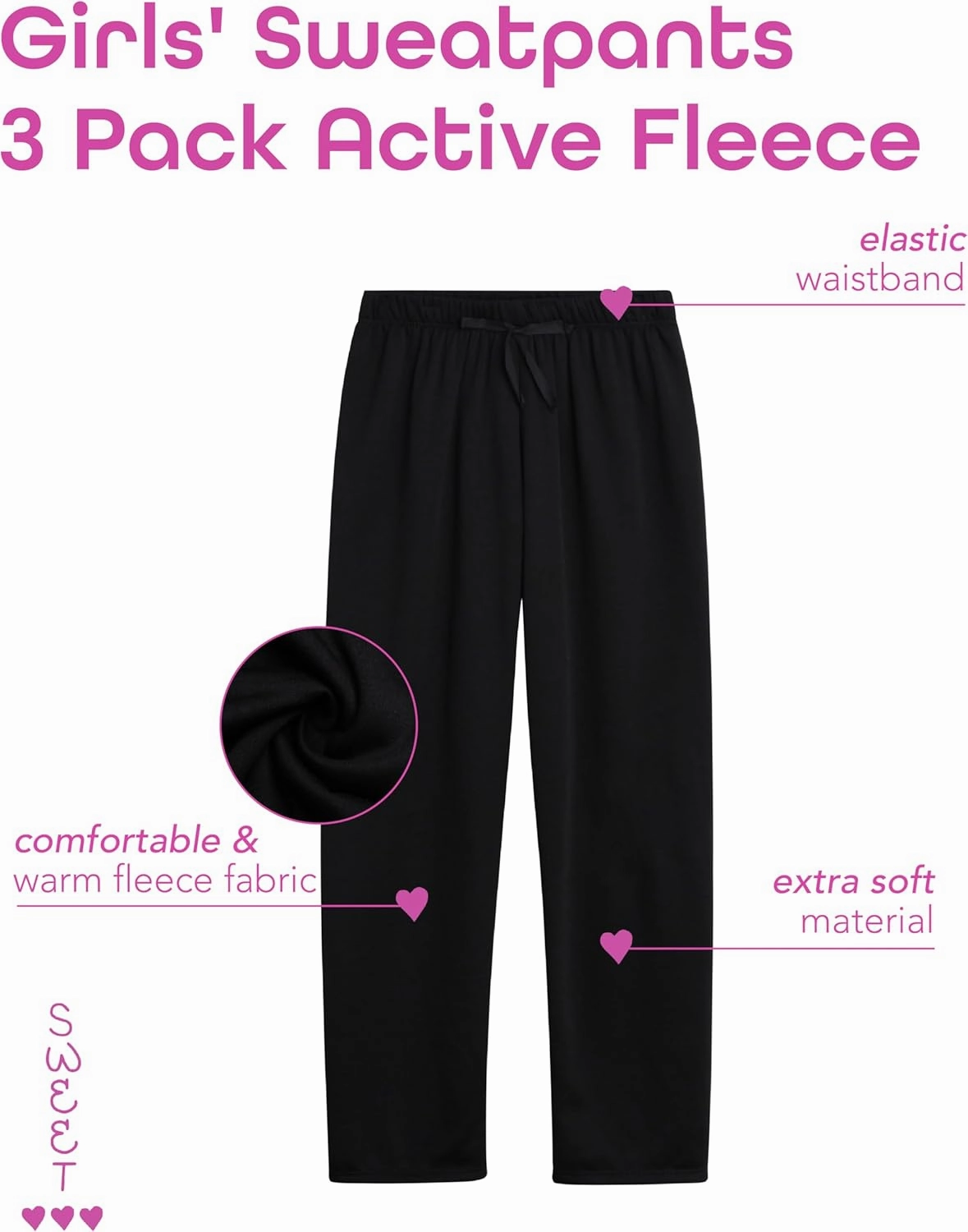 Sweet Hearts Girls' Sweatpants - 3 Pack Active Fleece Open Bottom Sweatpants - Casual Performance Pants: Made in USA