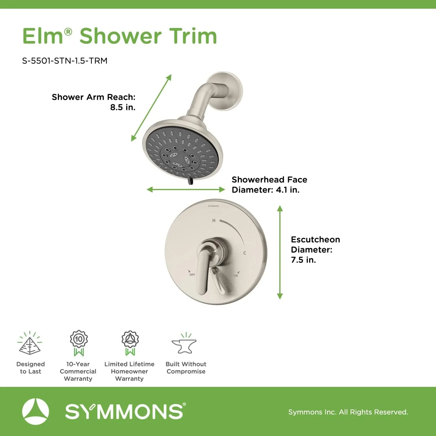 Symmons S-5501-STN-1.5-TRM Elm Single Handle 5-Spray Shower Trim with Secondary Volume Control in Satin Nickel - 1.5 GPM (Valve Not Included)