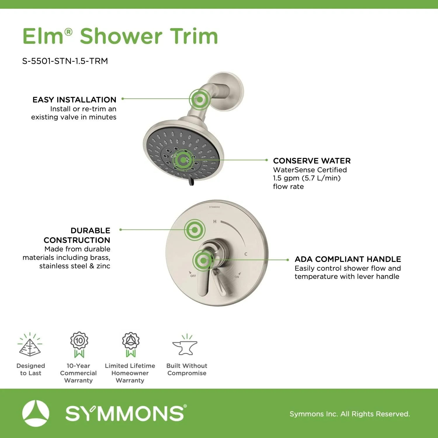 Symmons S-5501-STN-1.5-TRM Elm Single Handle 5-Spray Shower Trim with Secondary Volume Control in Satin Nickel - 1.5 GPM (Valve Not Included)