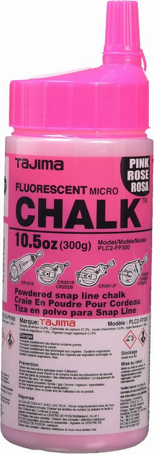 TAJIMA Micro Chalk - Fluorescent Pink 10.5 oz (300g) Ultra-Fine Snap-Line Chalk with Durable Bottle & Easy-Fill Nozzle - PLC2-FP300